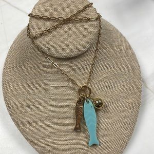 New Tory Burch Fish Pendant Long Necklace Gold